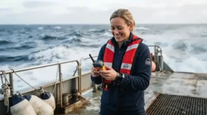 Boater holding a waterproof emergency beacon PLB while standing on a sailboat deck