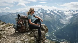 A hiker resting on a rocky overlook in the Blue Ridge Mountains with their budget 3-season sleeping bag packed securely on their backpack.