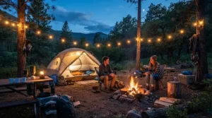 An evening scene showing family car camping with a budget 3-season sleeping bag visible draped over a folding camp chair by the fire.