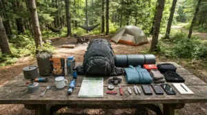 An assortment of affordable entry-level camping gear laid out on a wooden picnic table, featuring a rolled-up budget 3-season sleeping bag.
