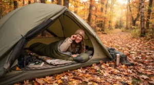 A camper waking up cozy in a budget 3-season sleeping bag on a crisp autumn morning while colorful leaves fall around the tent.