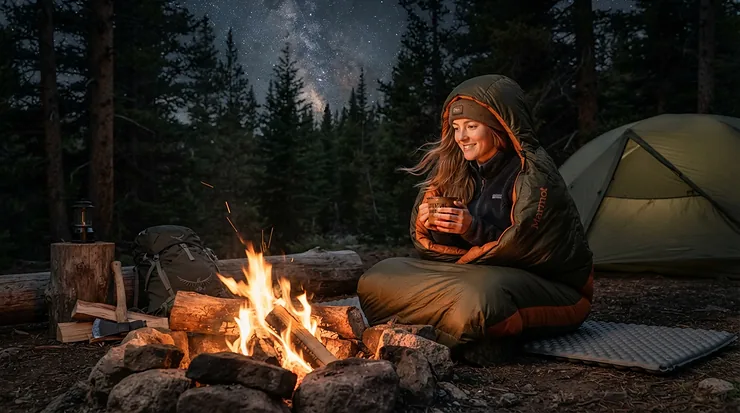 A smiling first-time backpacker sitting by a small campfire wrapped in a budget 3-season sleeping bag on a chilly night.