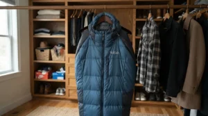 A budget 3-season sleeping bag hanging loosely in a cool, dry basement closet to maintain insulation loft between trips.