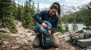 A backpacker struggling slightly to stuff a bulky budget 3-season sleeping bag into its compression sack at a campsite.