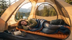 A camper resting comfortably inside a tent using a budget summer sleeping bag during a weekend trip.