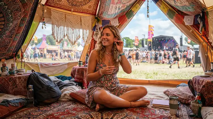 An attendee resting inside a colorful festival tent with a budget summer sleeping bag.