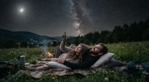 Two friends relaxing under the stars in their budget summer sleeping bag during a backyard campout.