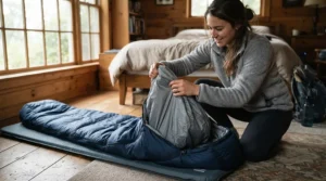 A traveler adding a soft cotton sleeping bag liner to their budget summer sleeping bag for extra comfort.