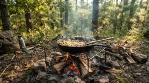 Campers using a portable campfire cooking grate to boil water in a cast-iron skillet during a wilderness trip.