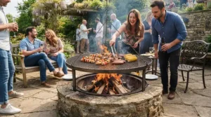 A backyard setup showing a durable campfire cooking grate used for weekend family barbecues.