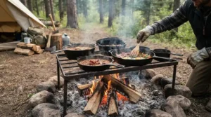 A heavy campfire cooking grate holding multiple cast-iron pans filled with potatoes and bacon in the forest.