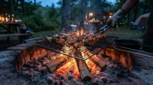 A heavy-duty campfire cooking grate placed securely over glowing red embers for evening meal prep at a national park campsite.
