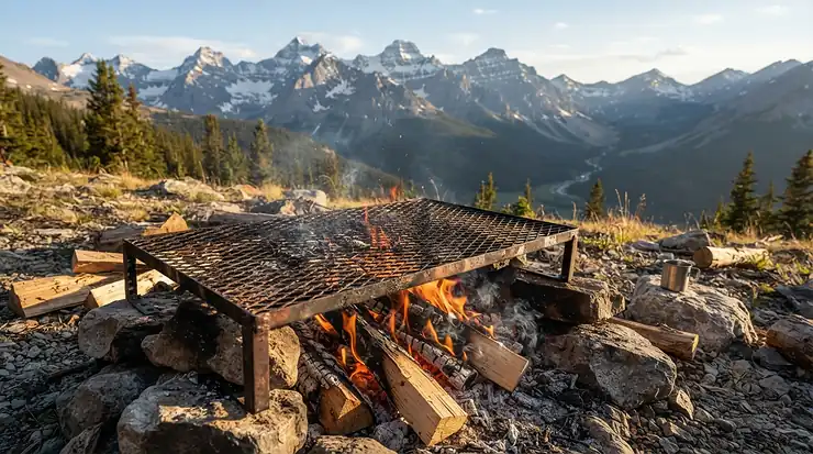 A sturdy campfire cooking grate set up at a high-elevation mountain campsite for a backcountry dinner.