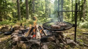 A swivel-arm campfire cooking grate swung away from the main blaze while the chef seasons steaks.