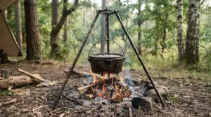 A campfire tripod for cooking supporting a heavy Dutch oven filled with stew at a national park.