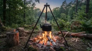 A sturdy campfire tripod for cooking suspended over bright wood flames in a wooded campsite.