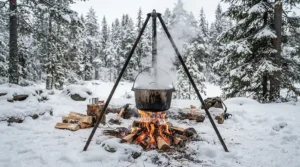A durable campfire tripod for cooking used during a snowy winter camping trip in the woods.