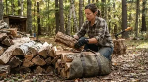 A durable canvas firewood carrier bag being loaded with freshly chopped wood in a suburban backyard.