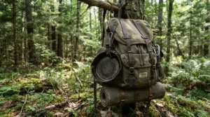 A compact cast iron skillet for camping strapped to the outside of a canvas hiking backpack.
