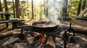 A cast iron skillet for camping sits on a glowing campfire grill, cooking morning bacon and eggs in a pine forest.