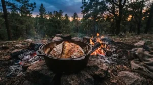 A large campfire cooking pan used as a cast iron skillet for camping, baking cornbread over a wilderness fire.