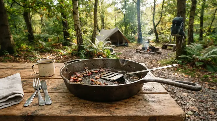 A traditional Lodge cast iron skillet for camping resting on a picnic table at a scenic state park campsite.