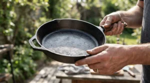 An outdoor gear tester holding a cast iron skillet for camping, inspecting the smooth pre-seasoned cooking surface.