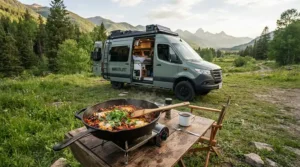 A cast iron skillet for camping set up on an outdoor RV kitchen table during a weekend road trip.
