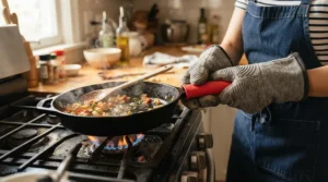 A red silicone handle cover attached to a cast iron skillet for camping being lifted safely by a camper.
