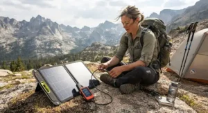 Illustration of a hiker charging their satellite communication device with a portable solar panel at a campsite.