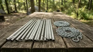 A compact, collapsible campfire tripod for cooking packed alongside other backpacking gear.