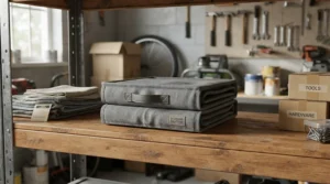A convenient collapsible firewood carrier bag folded flat on a shelf for compact storage.