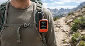 Illustration of a compact satellite messenger for hiking securely clipped to the shoulder strap of a backpack.