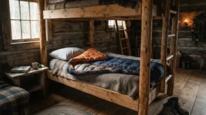 A cozy cotton budget summer sleeping bag laid out on a wooden bunk bed in a rustic cabin.