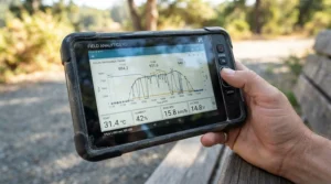 Close-up of a digital portable weather station camping screen displaying temperature and humidity readings.
