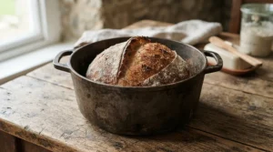 Freshly baked artisan bread inside a pre-seasoned dutch oven for camping at a picnic site
