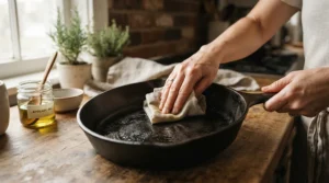 Applying oil to maintain a brand-name seasoned cast iron dutch oven for camping