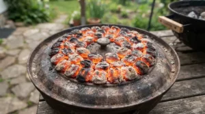 Close-up showing proper charcoal briquette arrangement on the lid of a dutch oven for camping