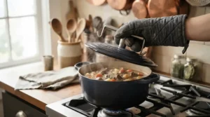 Using a metal lifting tool to check food inside a dutch oven for camping