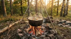 A heavy cast iron dutch oven for camping sitting securely over an open campfire in a forest clearing