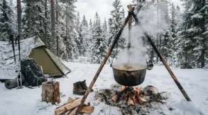 Hot chili cooking in a heavy dutch oven for camping surrounded by winter snow