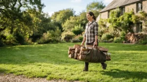 An extra-large firewood carrier bag transporting oversized logs from a backyard woodpile.