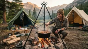 A family gathered around a campfire tripod for cooking dinner at a lakeside campground.