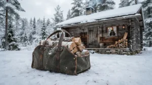 A weatherproof firewood carrier bag resting on snow-covered ground outside a cozy winter cabin.