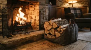 A rustic firewood carrier bag loaded with split logs next to a cozy indoor stone fireplace.
