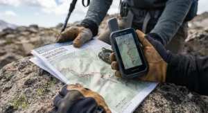 Illustration showing a satellite messenger displaying GPS coordinates and a tracking route on a topographic map.