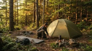 A backpacker using the solar charging feature on a advanced GPS watch for hiking at a campsite.