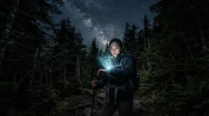 A backlit GPS watch for hiking glowing brightly on a wrist during a night trek under the stars.
