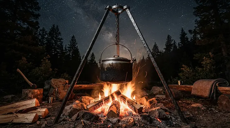 A heavy-duty campfire tripod for cooking large meals on an extended backcountry expedition.