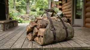 A heavy-duty firewood carrier bag demonstrating impressive weight capacity with a massive stack of logs.